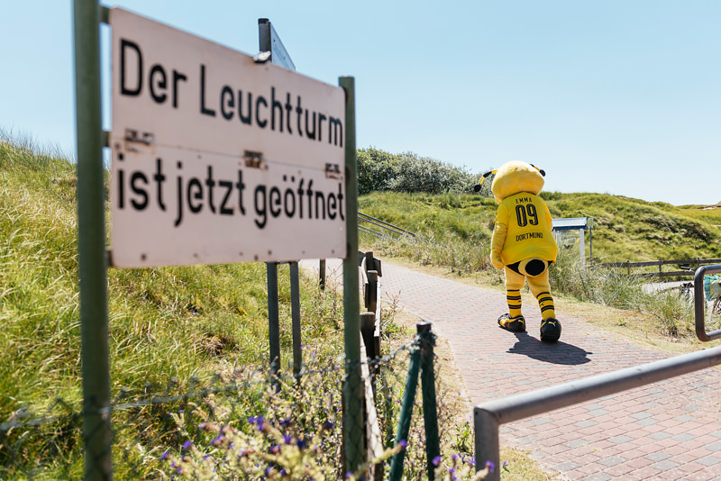 Borussia Dortmund BVB Maskottchen EMMA vor dem Leuchtturm auf Norderney